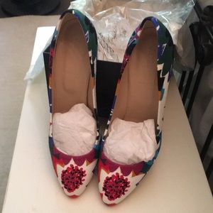 J. Crew printed fabric pumps in blue multi.